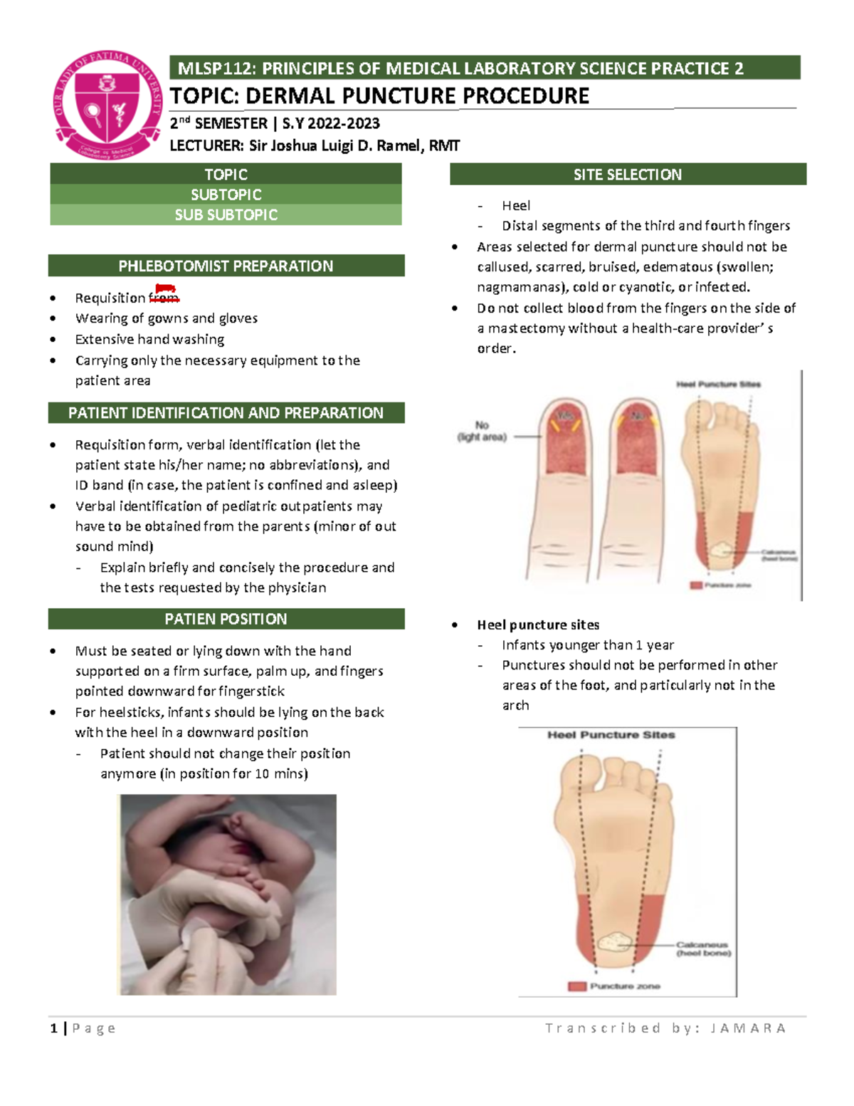 MLSP112: Lesson 1 - Dermal Puncture Procedure for Phlebotomists - Studocu