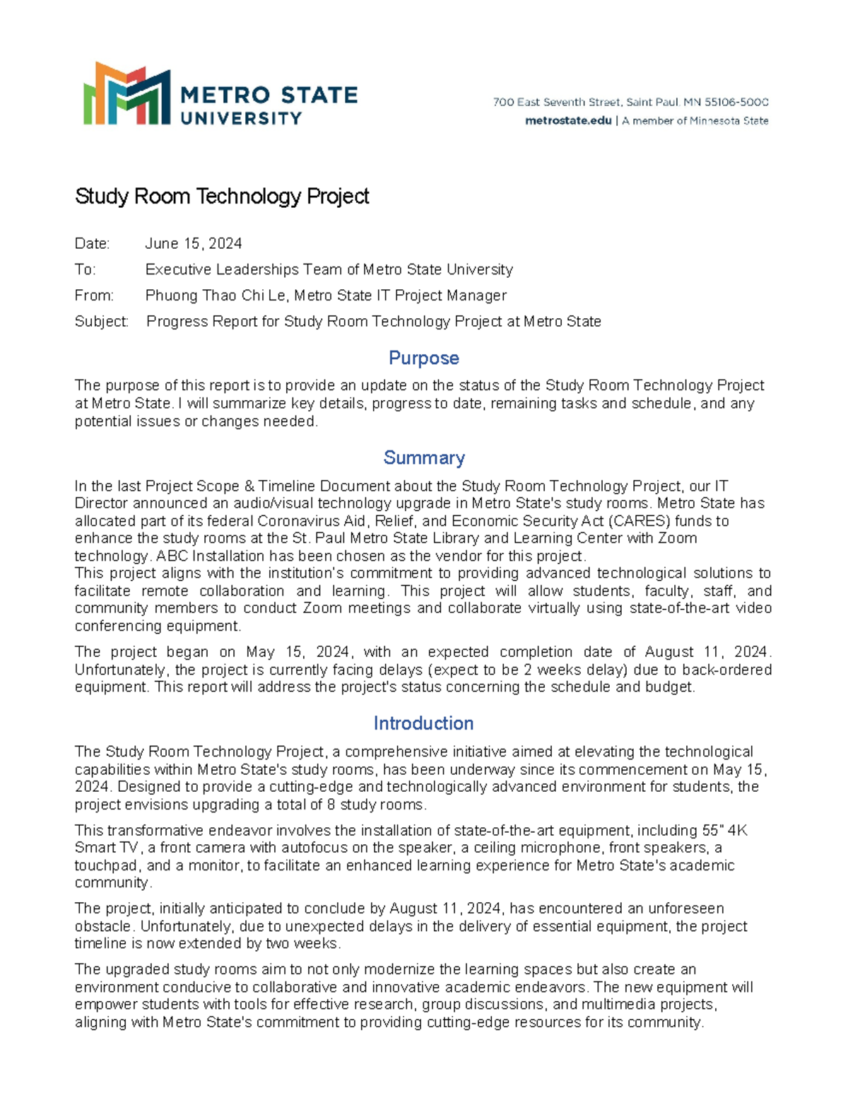 Study Room Tech Project Update Report at Metro State (June 2024) - Studocu