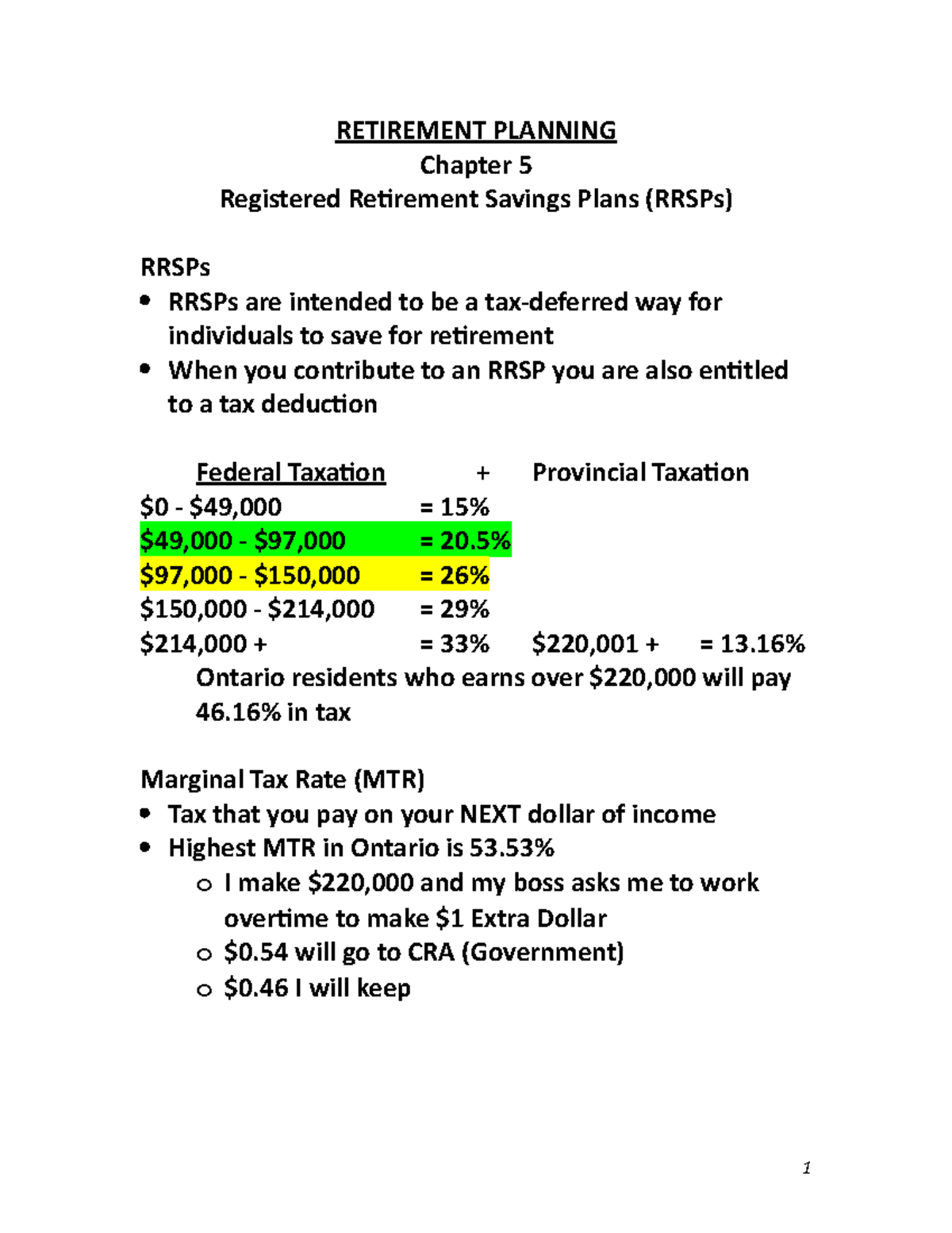Class Lecture Notes: Retirement Planning - RRSPs Overview (Ch 5) - Studocu