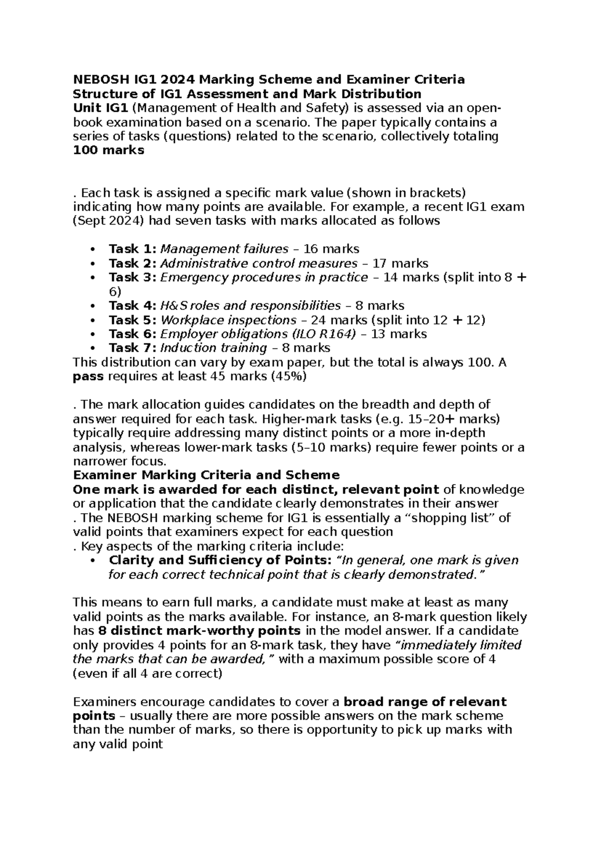 NEBOSH IG1 2024 Exam Marking Scheme & Examiner Guidance - Studocu