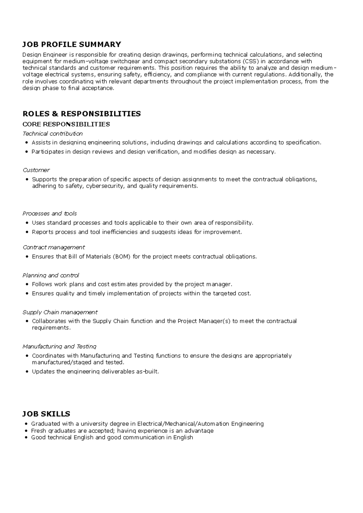 JOB PROFILE SUMMARY: Design Engineer Role & Responsibilities - Studocu