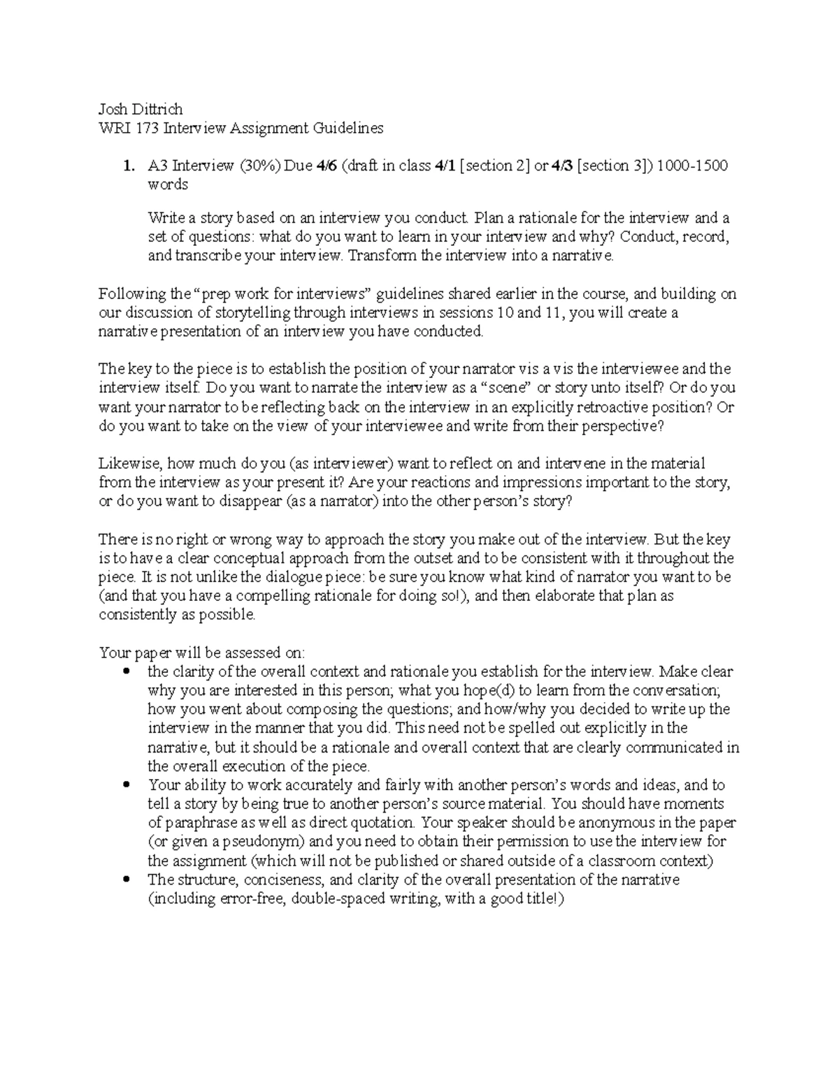 A2 guidelines for writing a narrative about a place in WRI 173 - Studocu