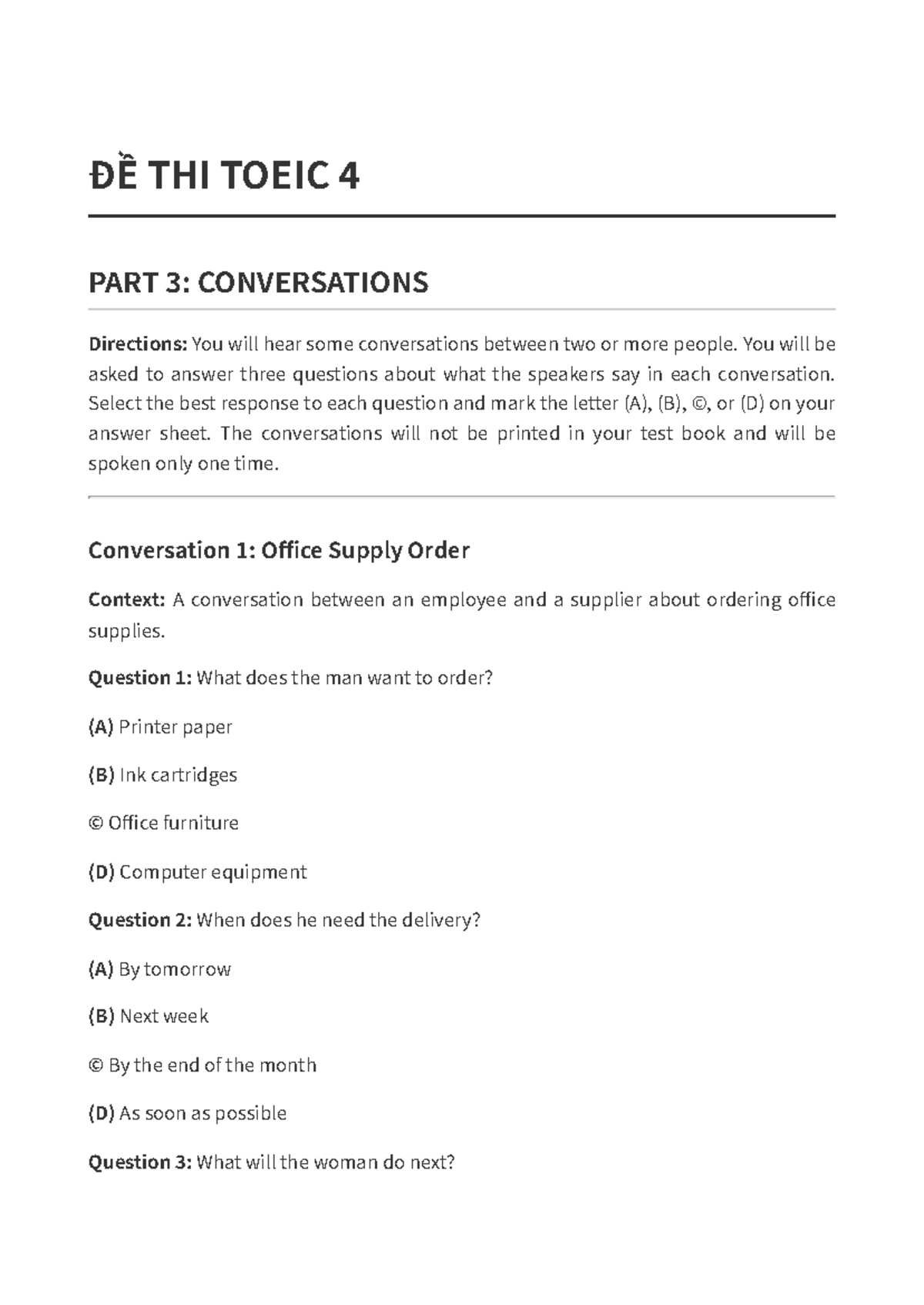 ĐỀ THI TOEIC 4 PART 3: CONVERSATIONS & ANSWERS - Studocu