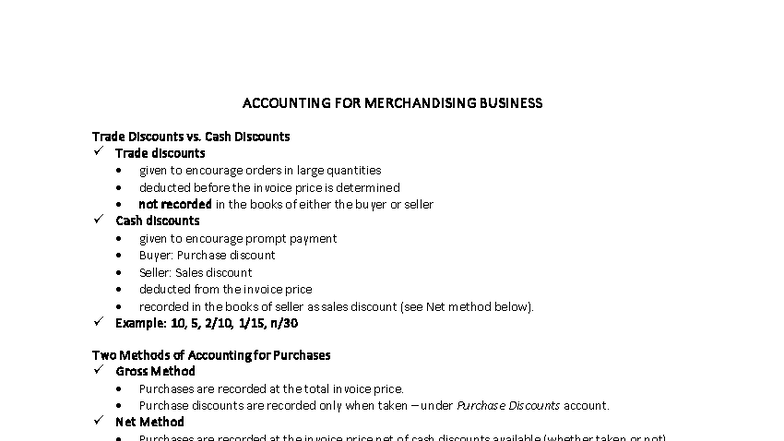 ACCOUNTING FOR MERCHANDISING BUSINESS: Trade vs. Cash Discounts - Studocu