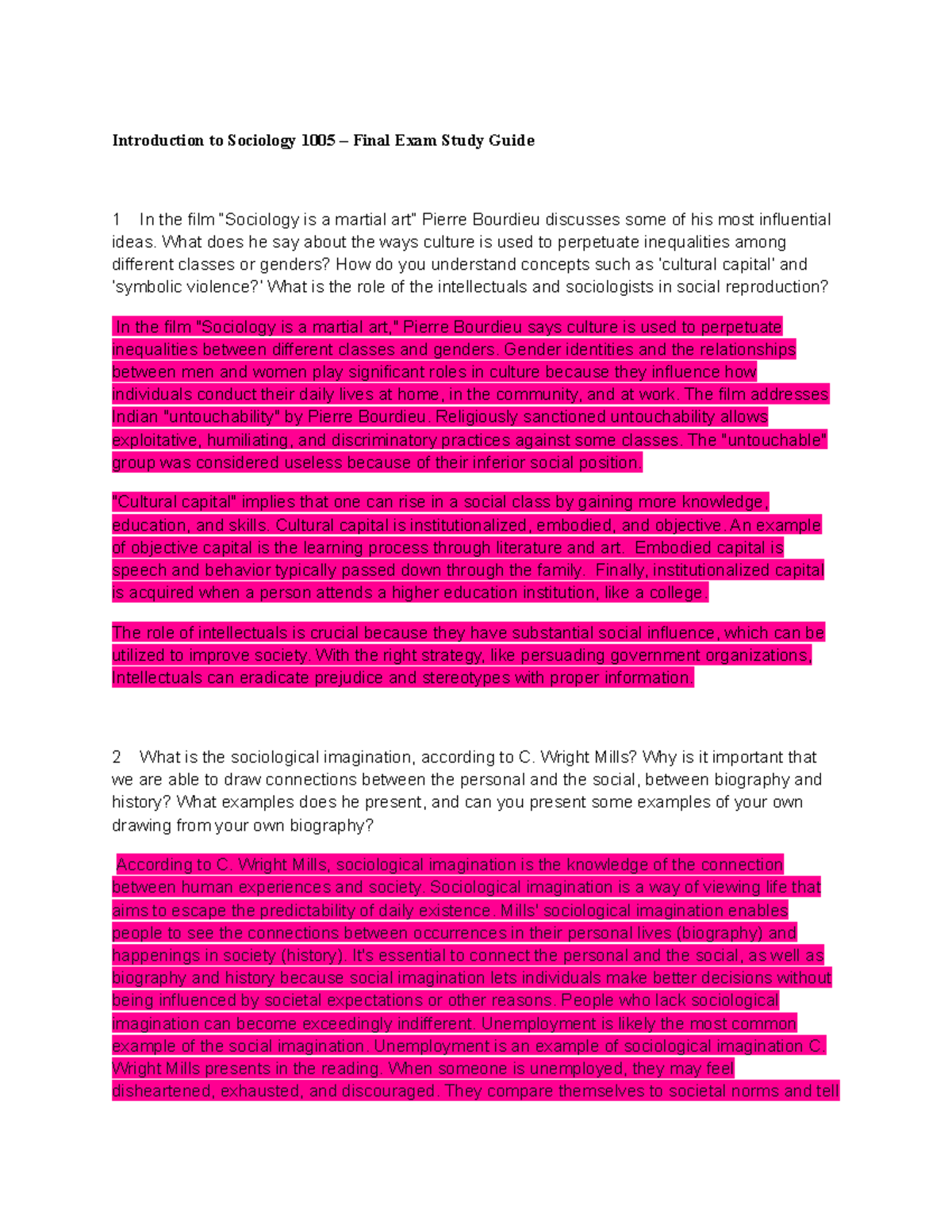 SOC 1005 final review - Introduction to Sociology 1005 – Final Exam ...