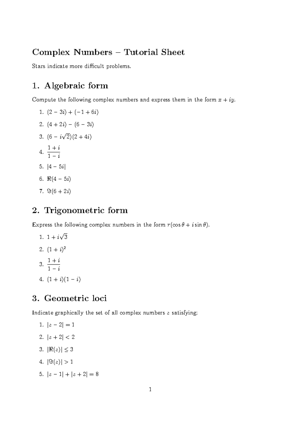 BS2020 Complex Numbers Problem Set (1) Tutorial Sheet - Studocu