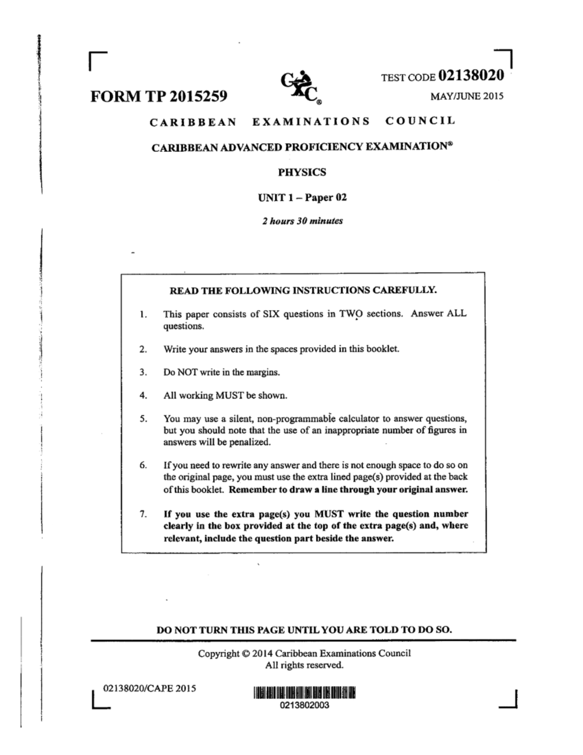 Physics CAPE 2015 Unit 1 Paper 2 Exam Instructions and Questions - Studocu