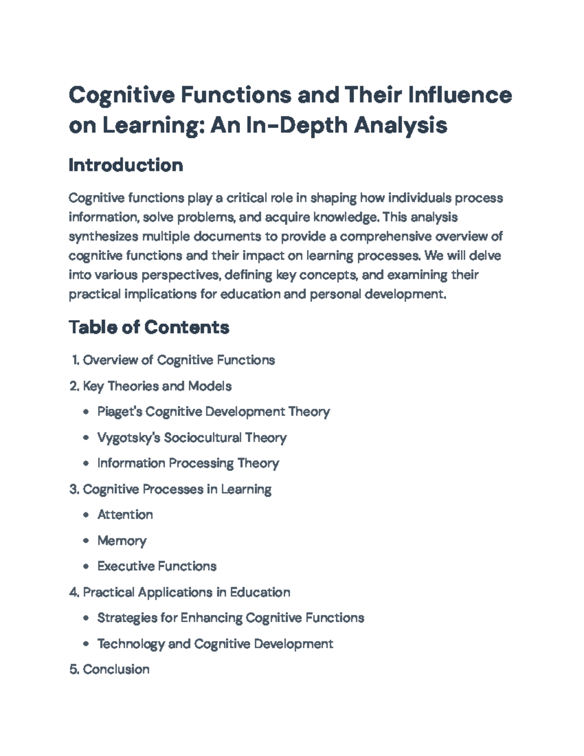Cognitive Functions and Learning: A Comprehensive Analysis (Course Code ...