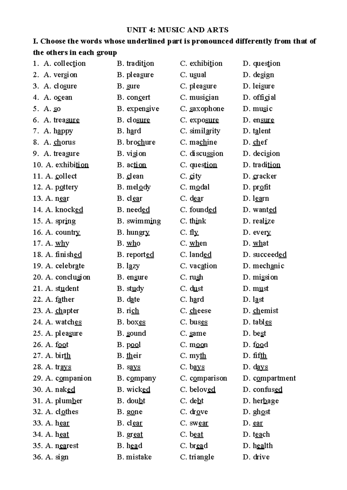 Unit 4: Music and Arts I - Pronunciation and Vocabulary Exercises - Studocu