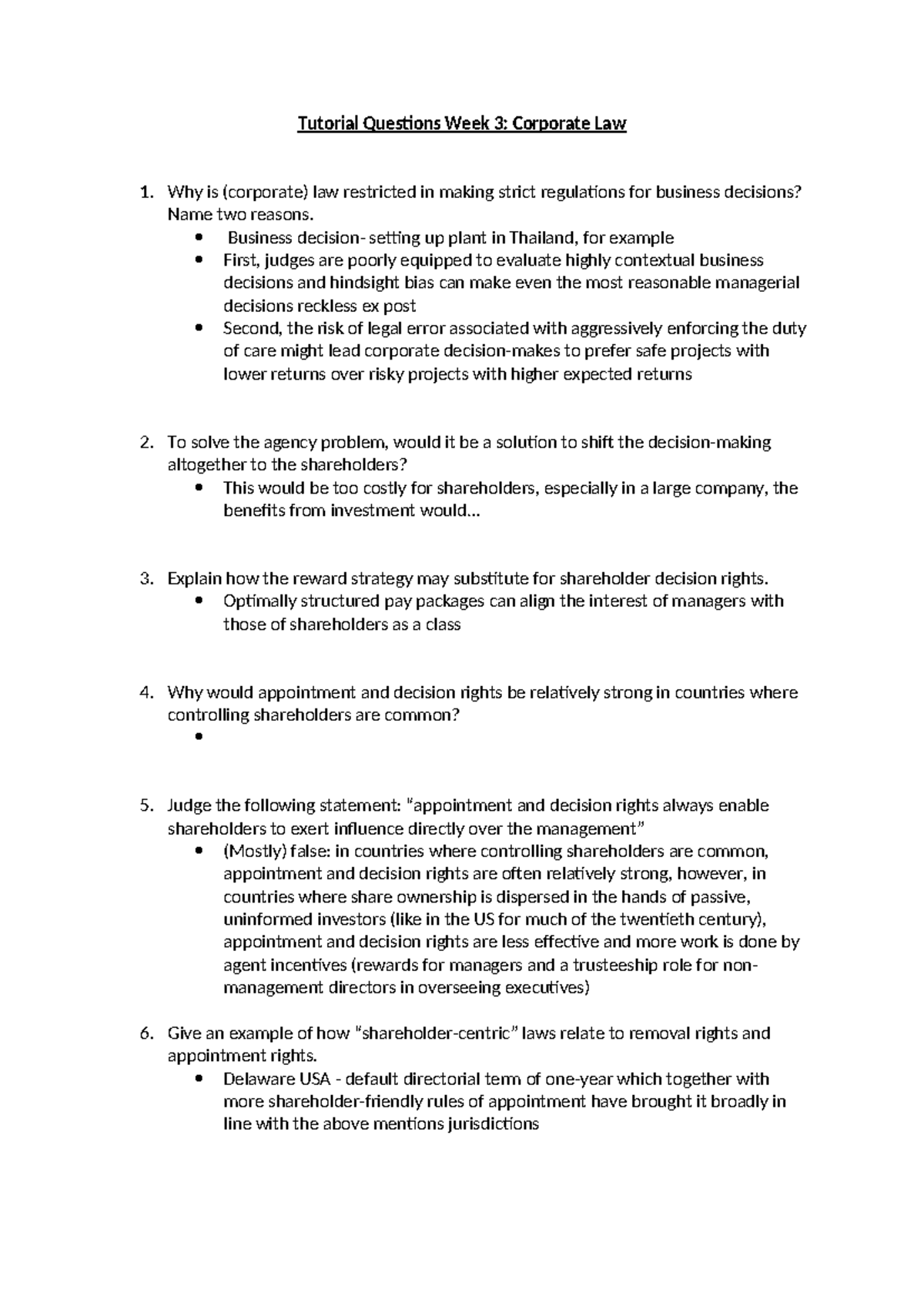 Corporate Law Tutorial Questions - Week 3 Overview - Studeersnel