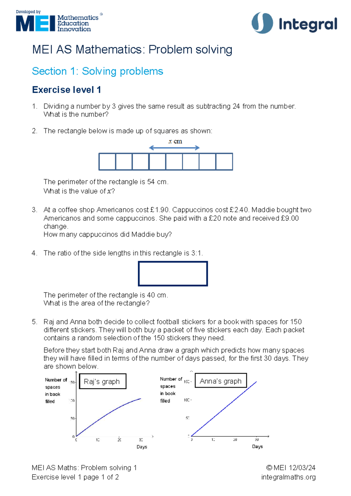 MEI AS Mathematics: Problem Solving Exercise Level 1 - Studocu