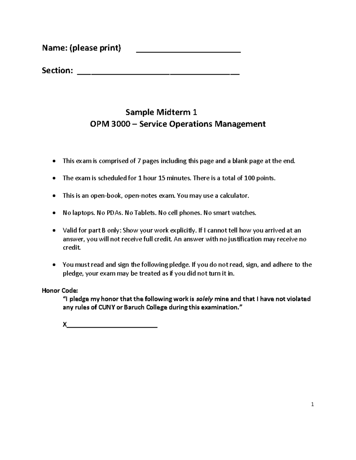 OPM 3000 Sample Midterm I - Service Operations Management Exam - Studocu