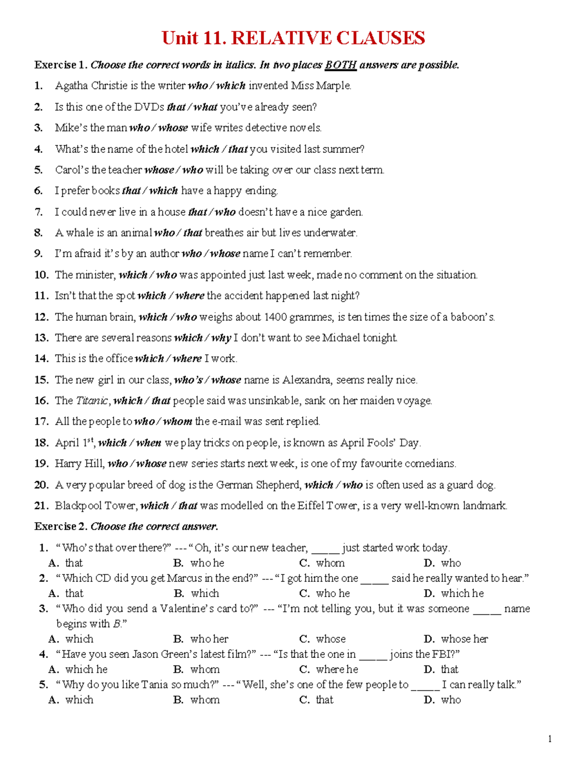 Unit 11: Relative Clauses - Exercises and Practice Activities - Studocu