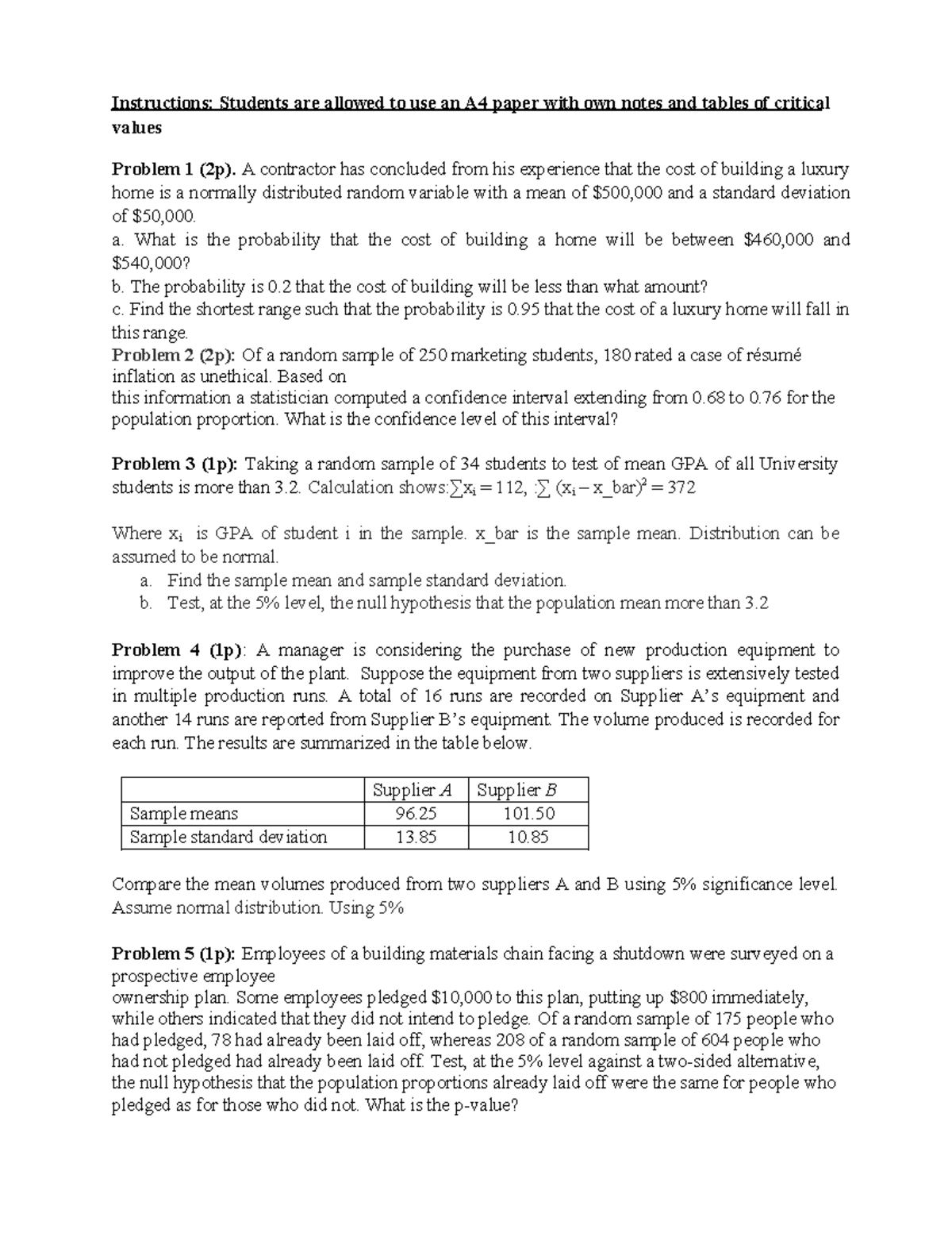 Sample Test BS - Mock Exam on Probability & Statistics Topics - Studocu