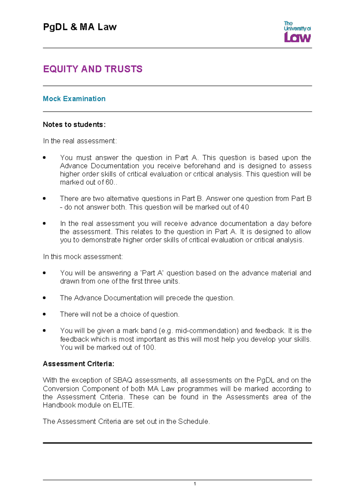 PgDL MA Law EQUITY AND TRUSTS Mock Exam Preparation Notes - Studocu