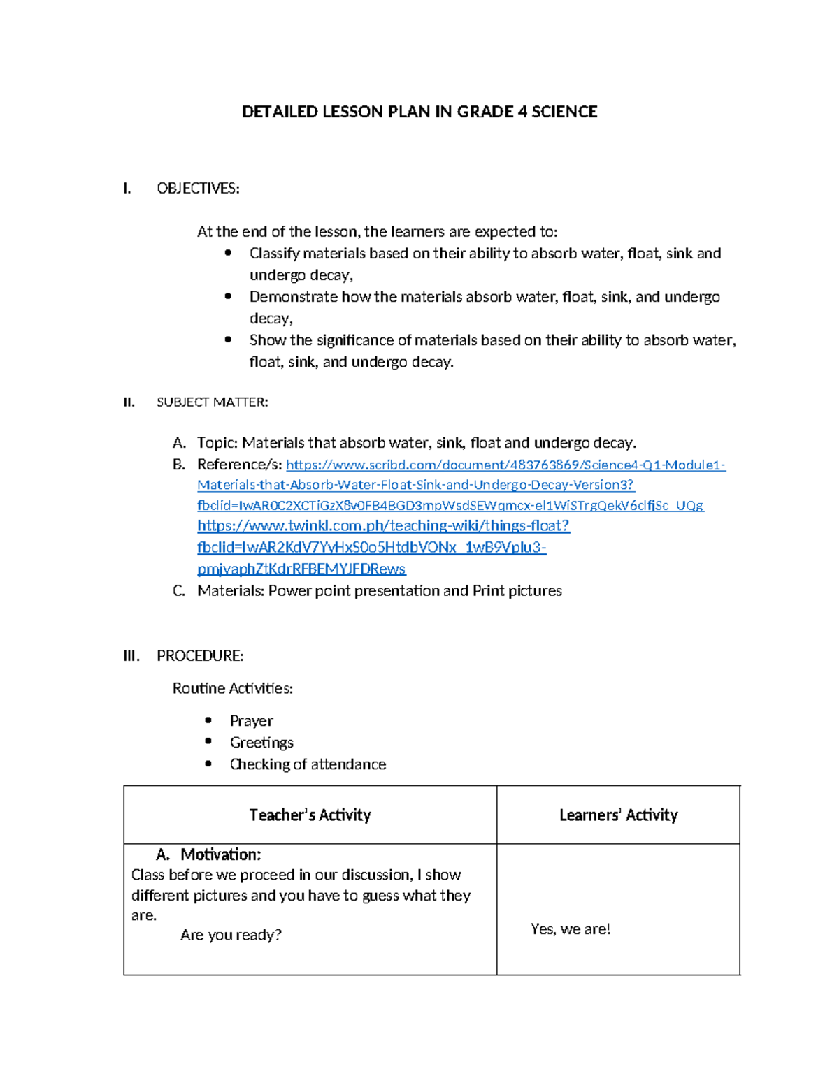 Detailed Lesson Plan: Materials in Grade 4 Science (BEED 2-YA-1) - Studocu