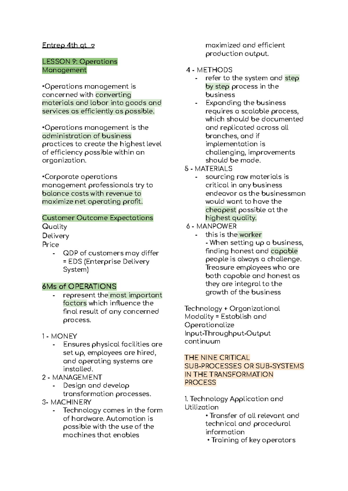 Entrep 4th Qt Lesson 9: Key Concepts in Operations Management - Studocu