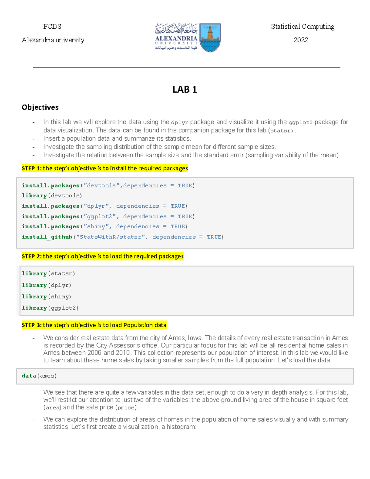 LAB 1 - Exploring and Visualizing Data Using R (Statistical Computing ...