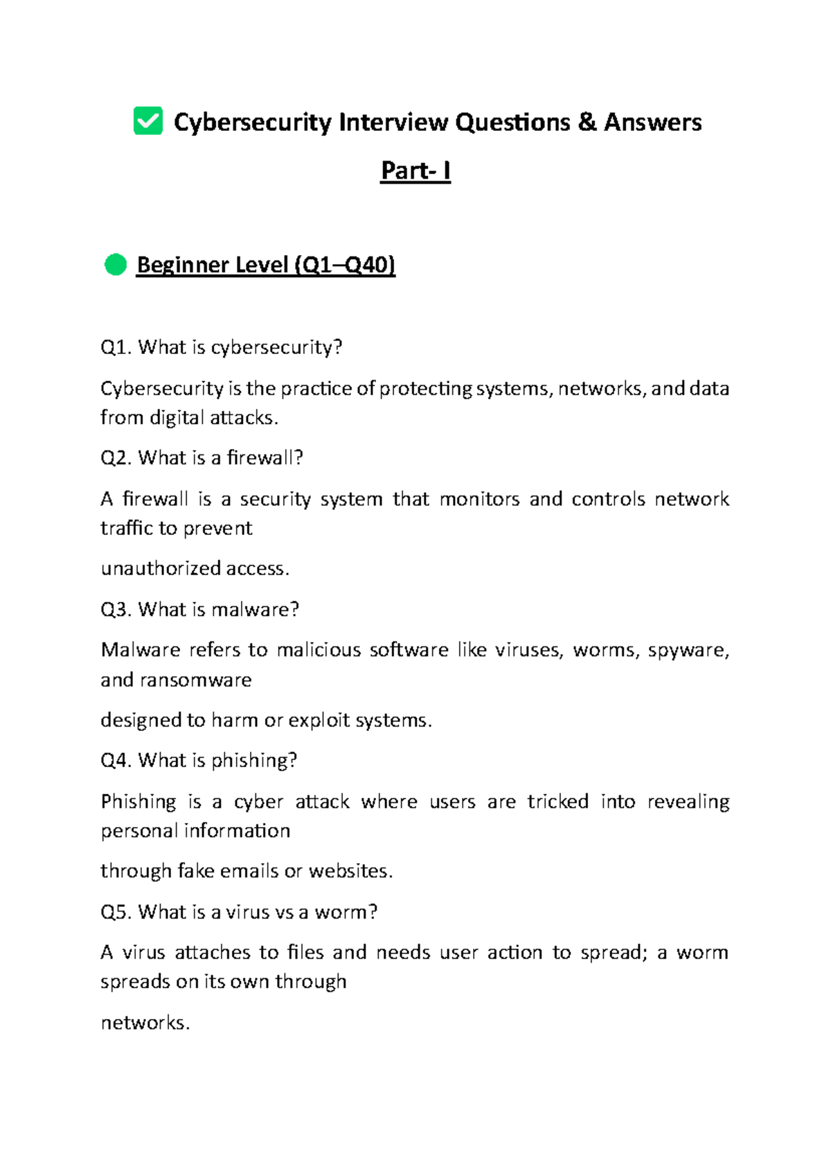Cybersecurity Interview Questions & Answers I Beginner Level - Studocu