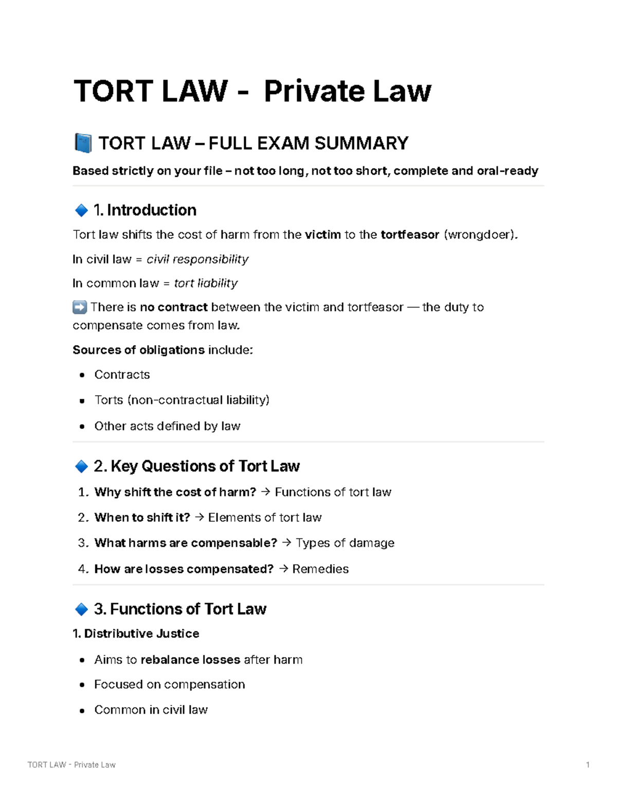 TORT LAW Private Law Final Exam Summary and Key Concepts - Studocu