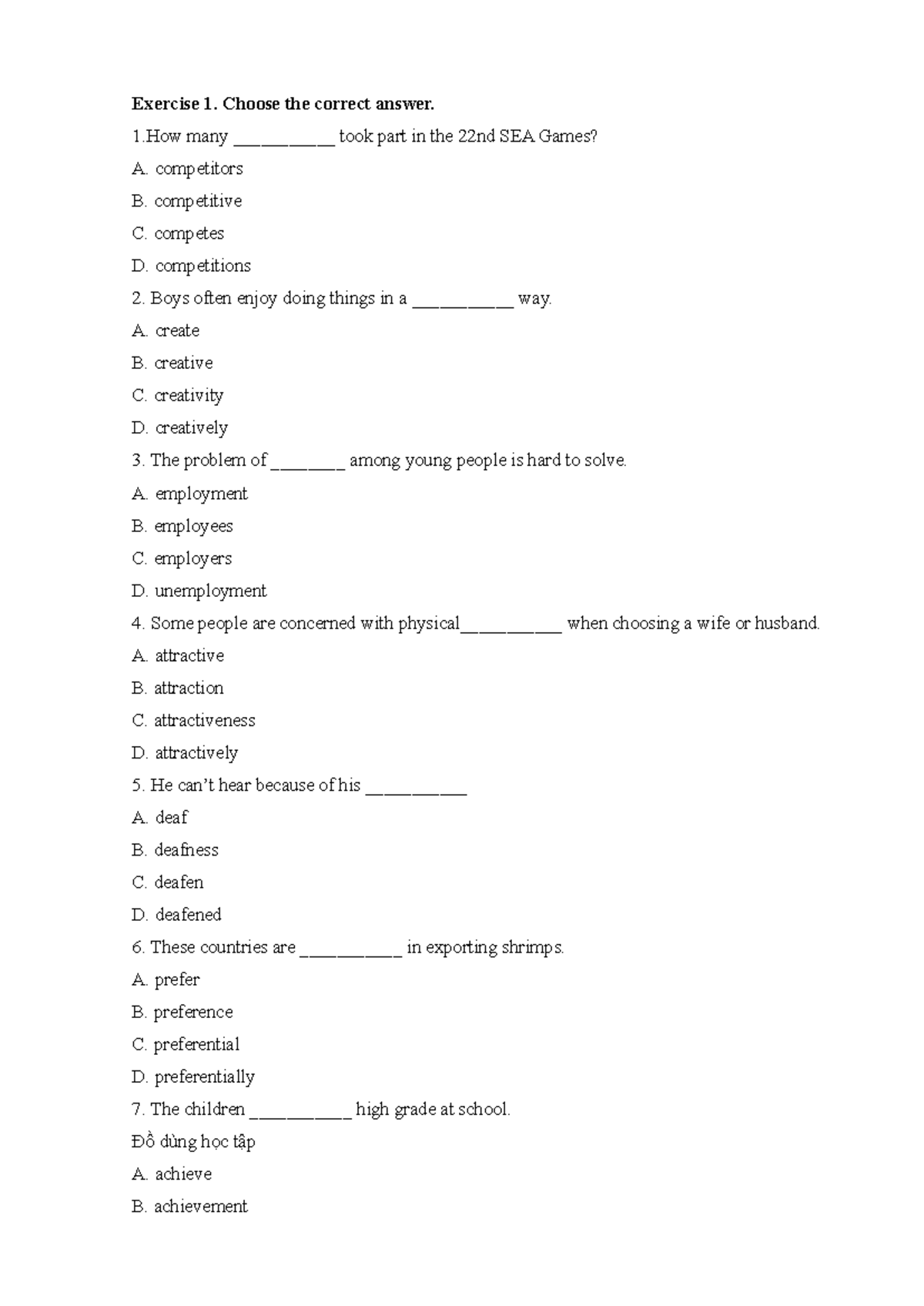 Exercise 1: Choose the Correct Answer - Từ Loại Tiếng Anh - Studocu