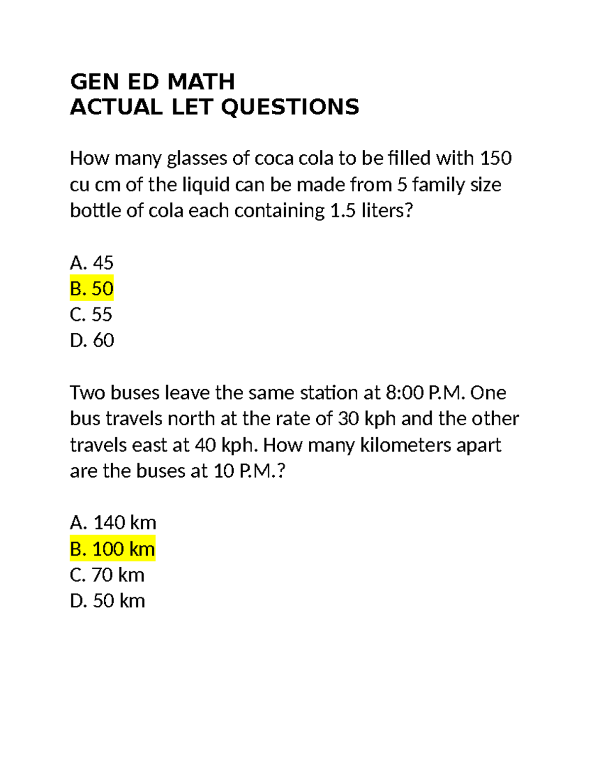 GEN ED MATH Notes - GEN ED MATH ACTUAL LET QUESTIONS How many glasses ...