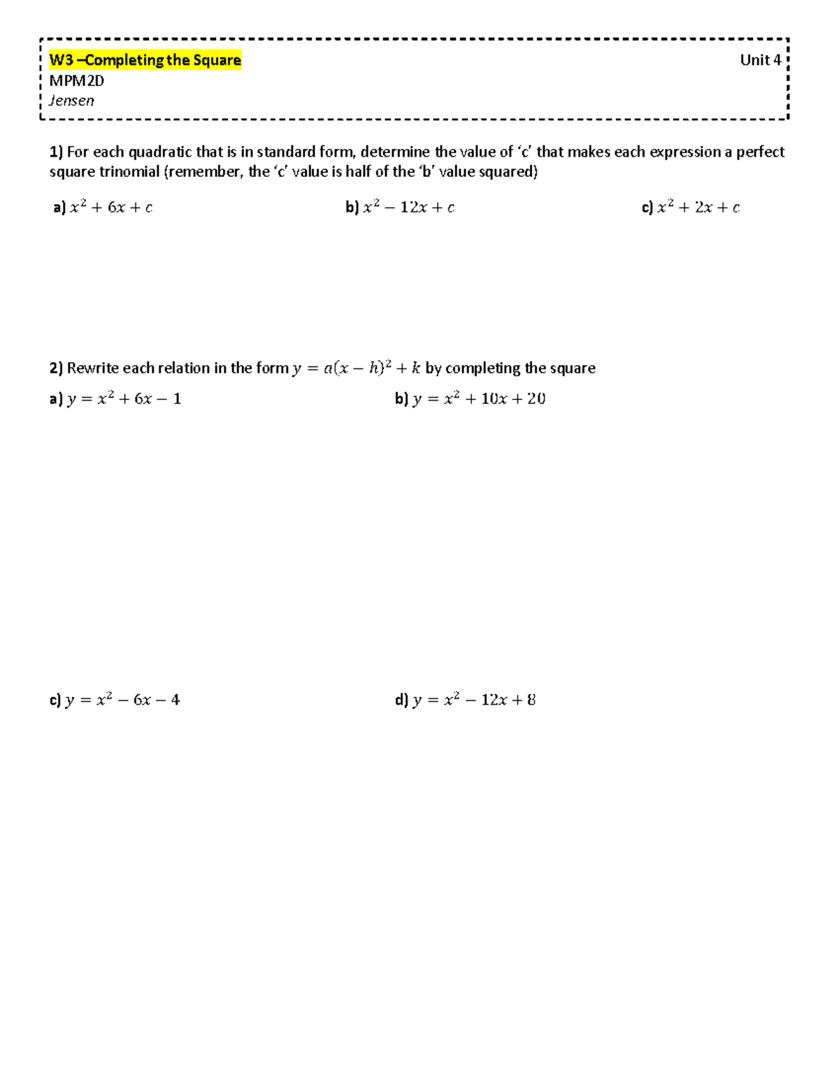 MPM2D Completing Square Notes - Unit 4 Quadratic Functions - Studocu