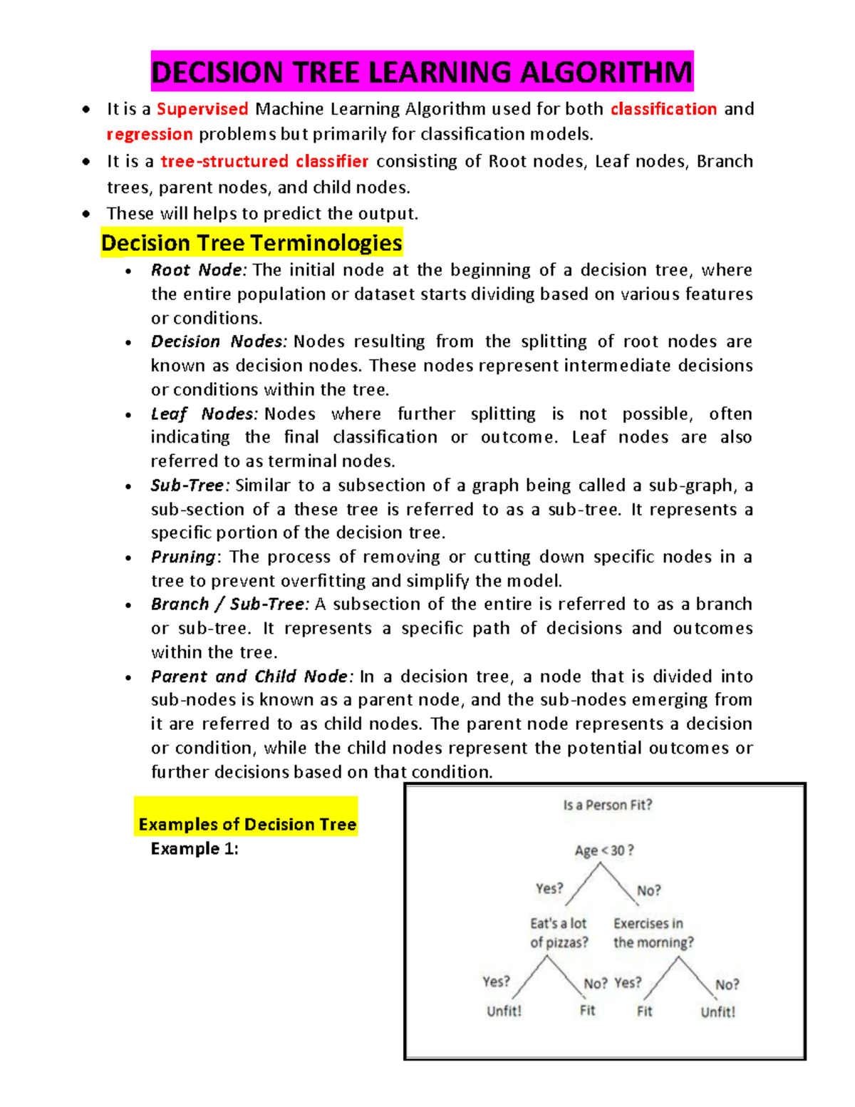 Decision Tree Learning Algorithm Overview - MLT Unit 3 - Studocu