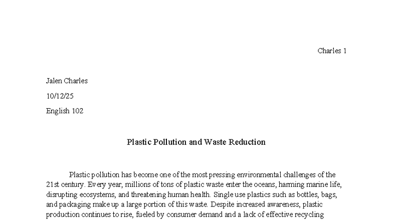 English 102 Essay: Strategies for Reducing Plastic Pollution - Studocu