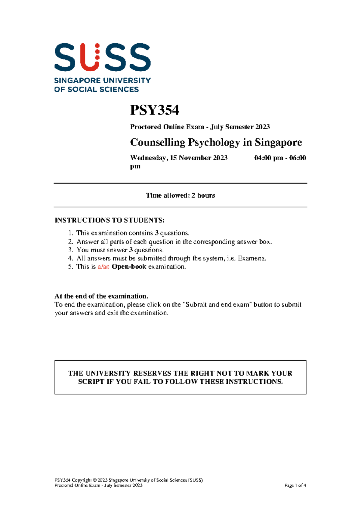 PSY354 July 2023 POE - Sample Past Exam on Counselling Psychology - Studocu