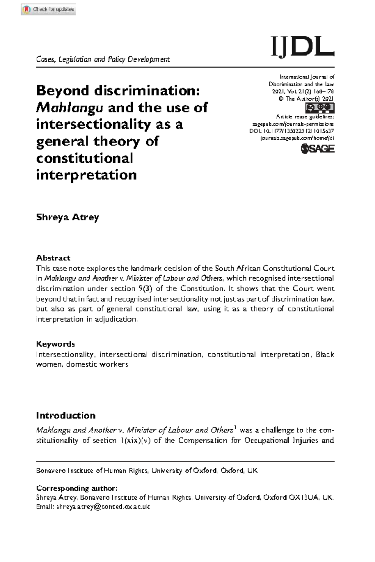 Atrey 2021: Intersectionality in Mahlangu Case and Constitutional ...