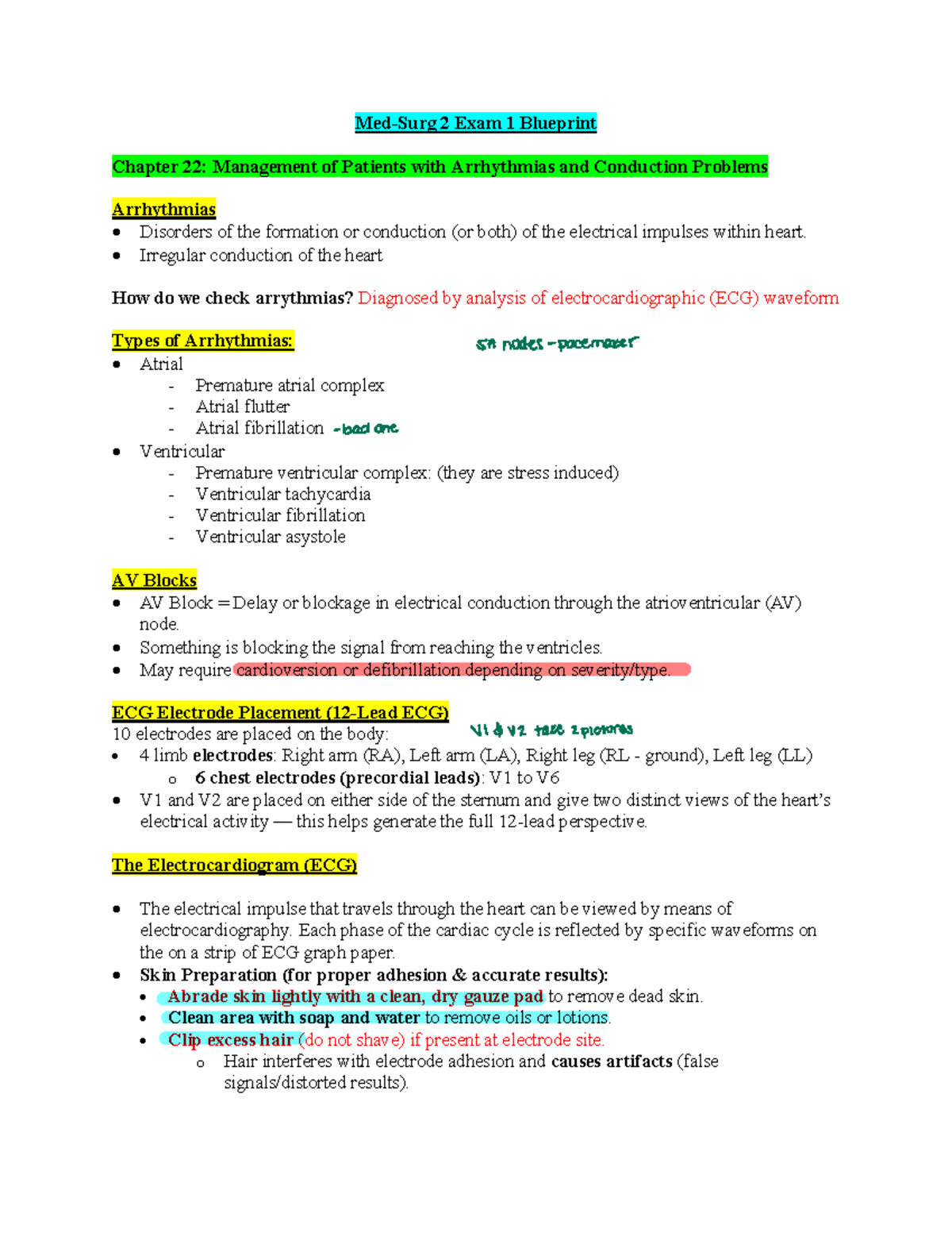 Med Surg Study Guide: Exam 1 Blueprint on Arrhythmias & Heart Disorders ...
