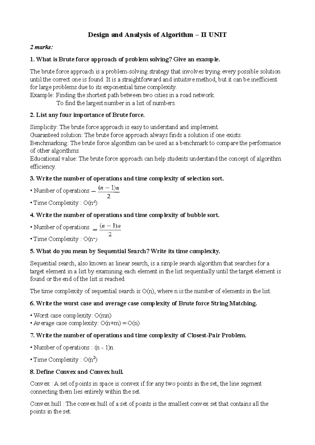 DAA - II UNIT 2: Brute Force Algorithms & Time Complexity Analysis ...