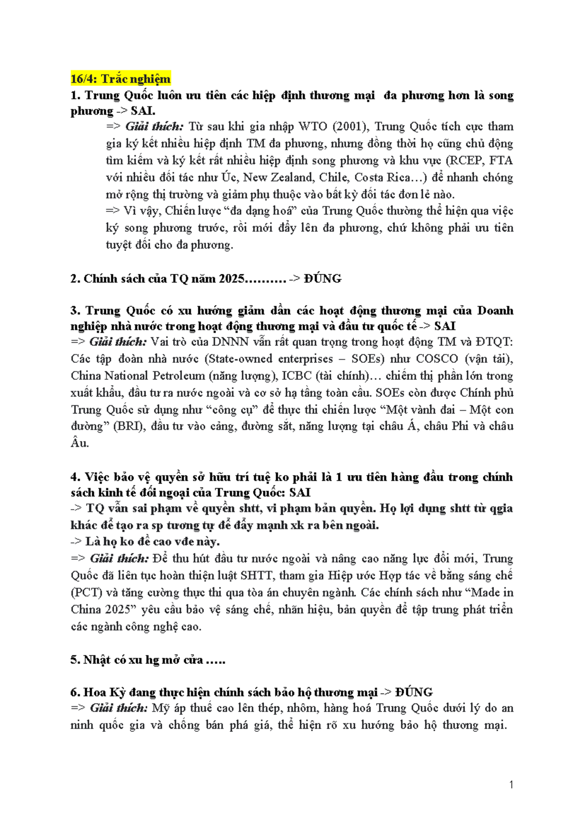 Đúng Sai - Câu Hỏi Đúng Sai Kèm Giải Thích Chính Sách Kinh Tế Đối Ngoại 2 - Document Preview