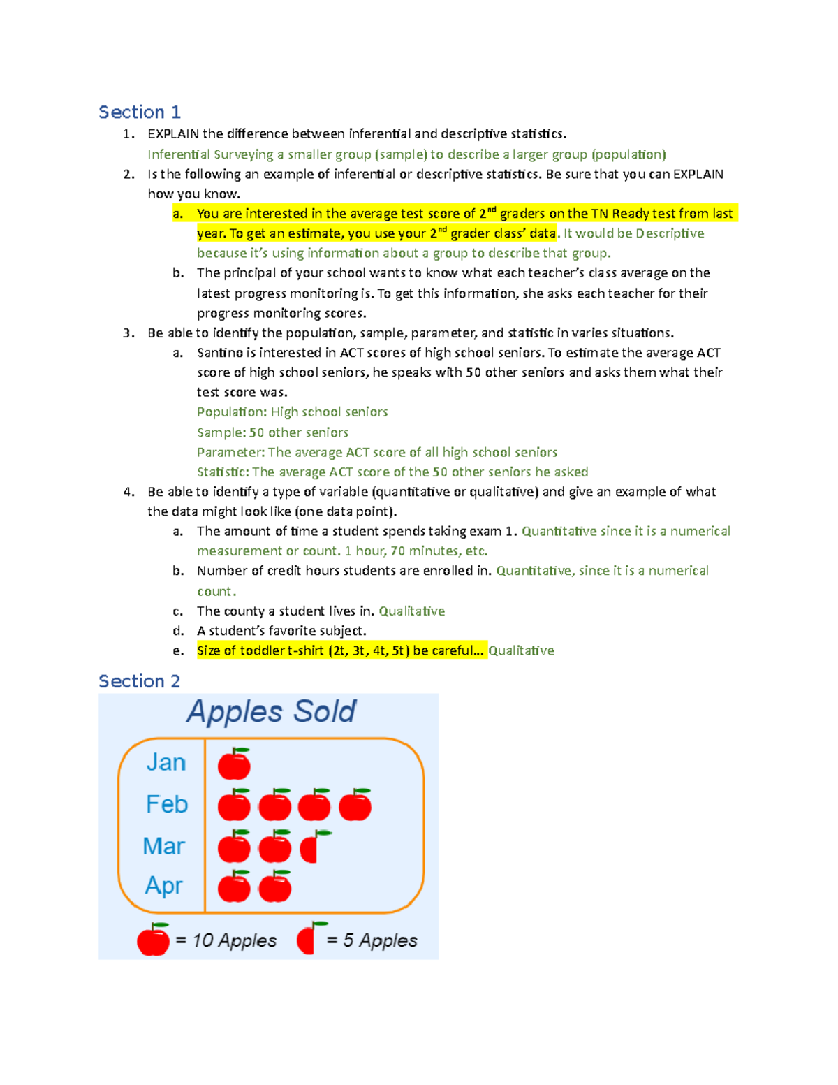Review Test 1 - Section 1 EXPLAIN the difference between inferential ...