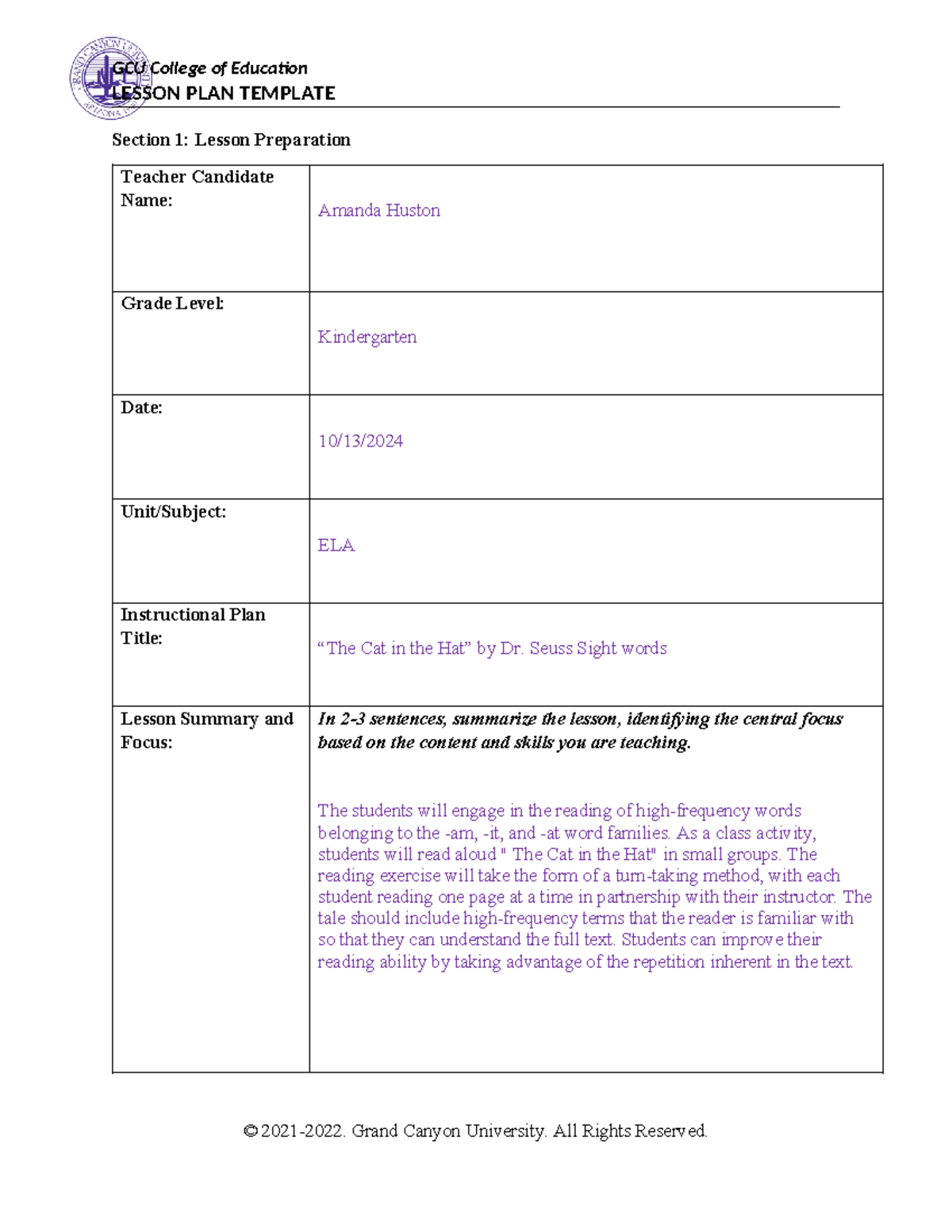 Section 1 - general - LESSON PLAN TEMPLATE Section 1: Lesson ...
