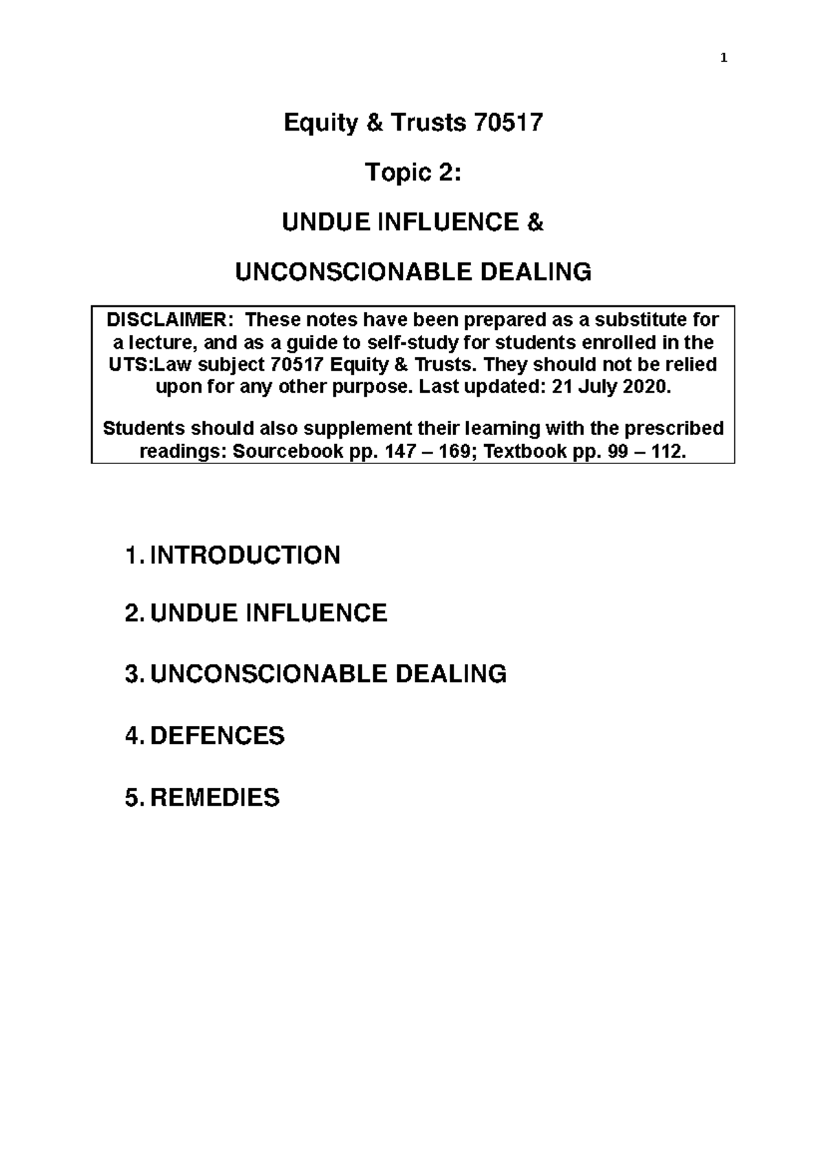 Topic 2 Undue Influence and Unconscionable Transactions - Equity ...