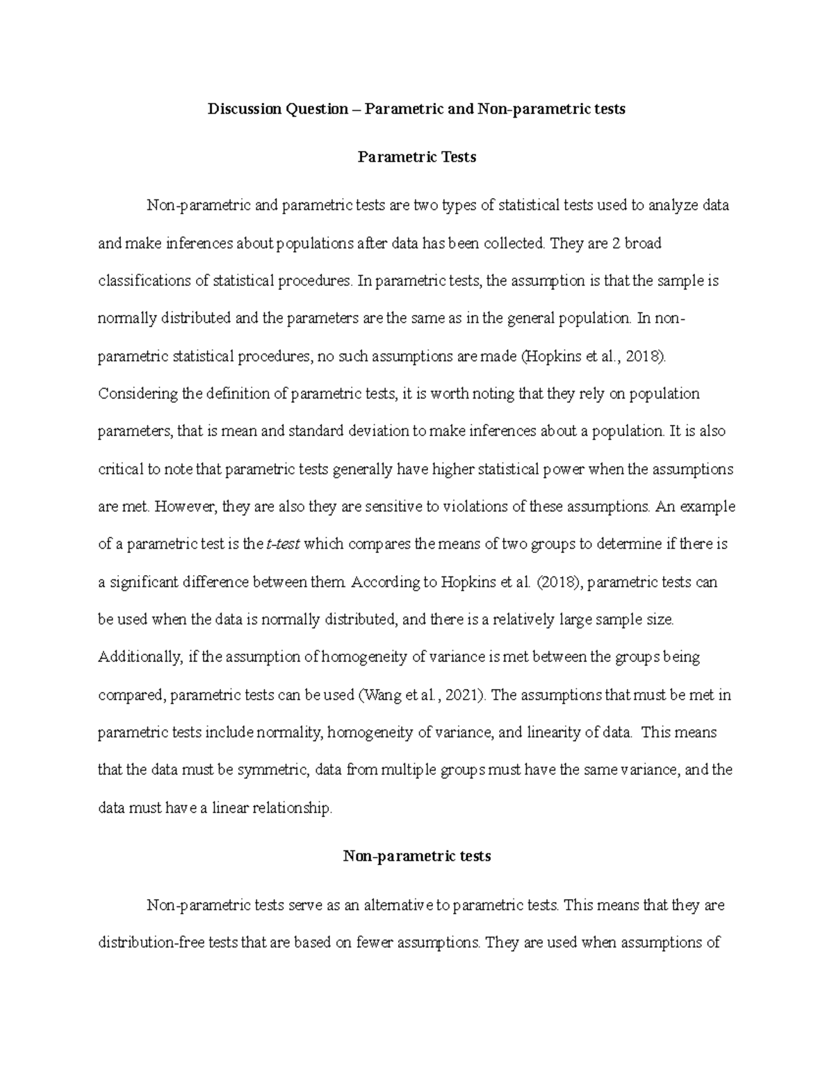 Week 8 south discusion - nursing - Discussion Question – Parametric and ...