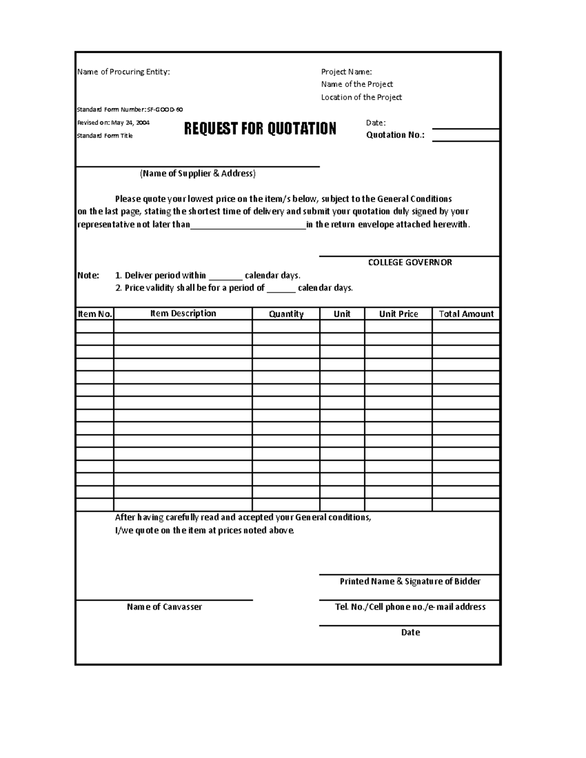 Request for Quotation - Canvass Form for Procurement Project - Studocu