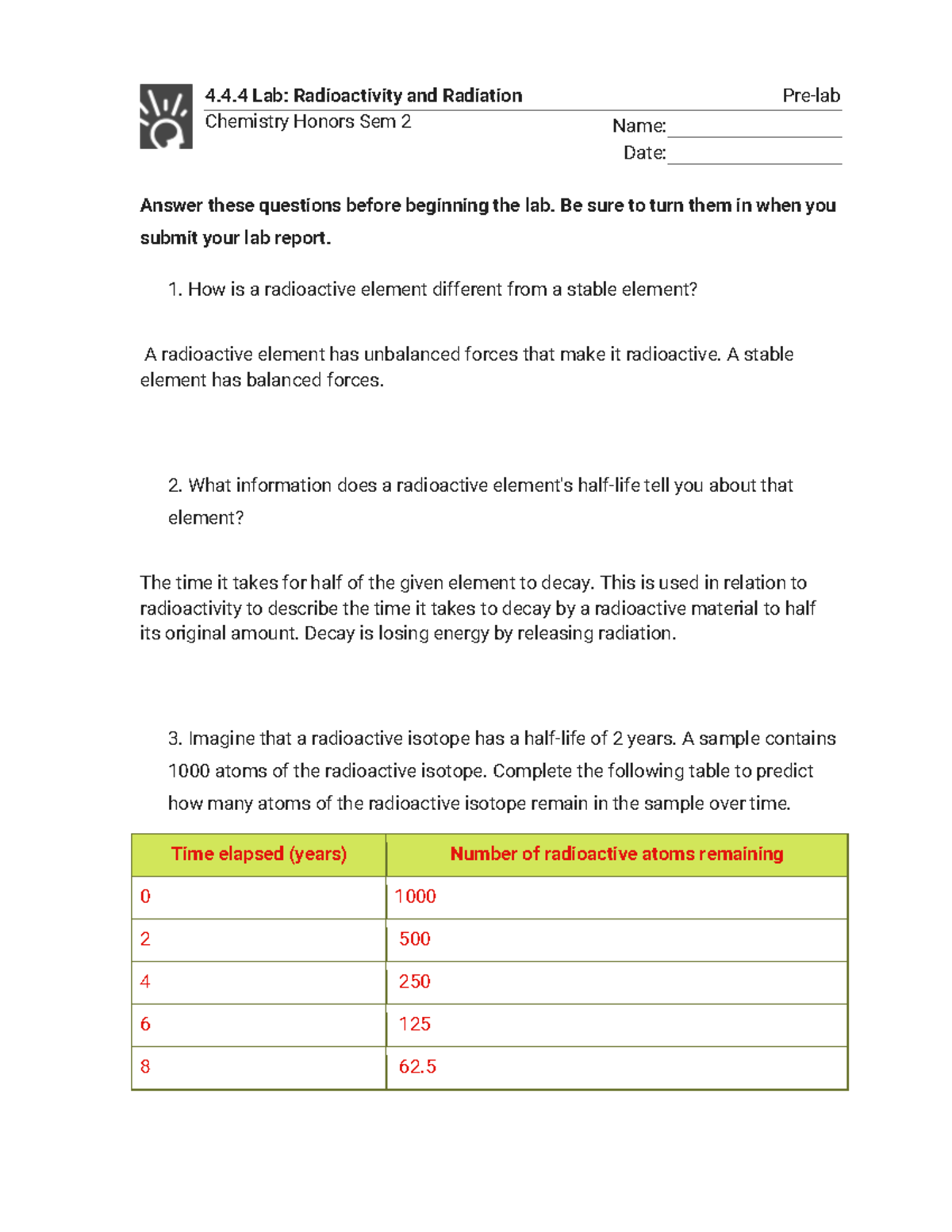 4.4.4 Lab - Radioactivity & Radiation (Pre-lab Questions) - Studocu