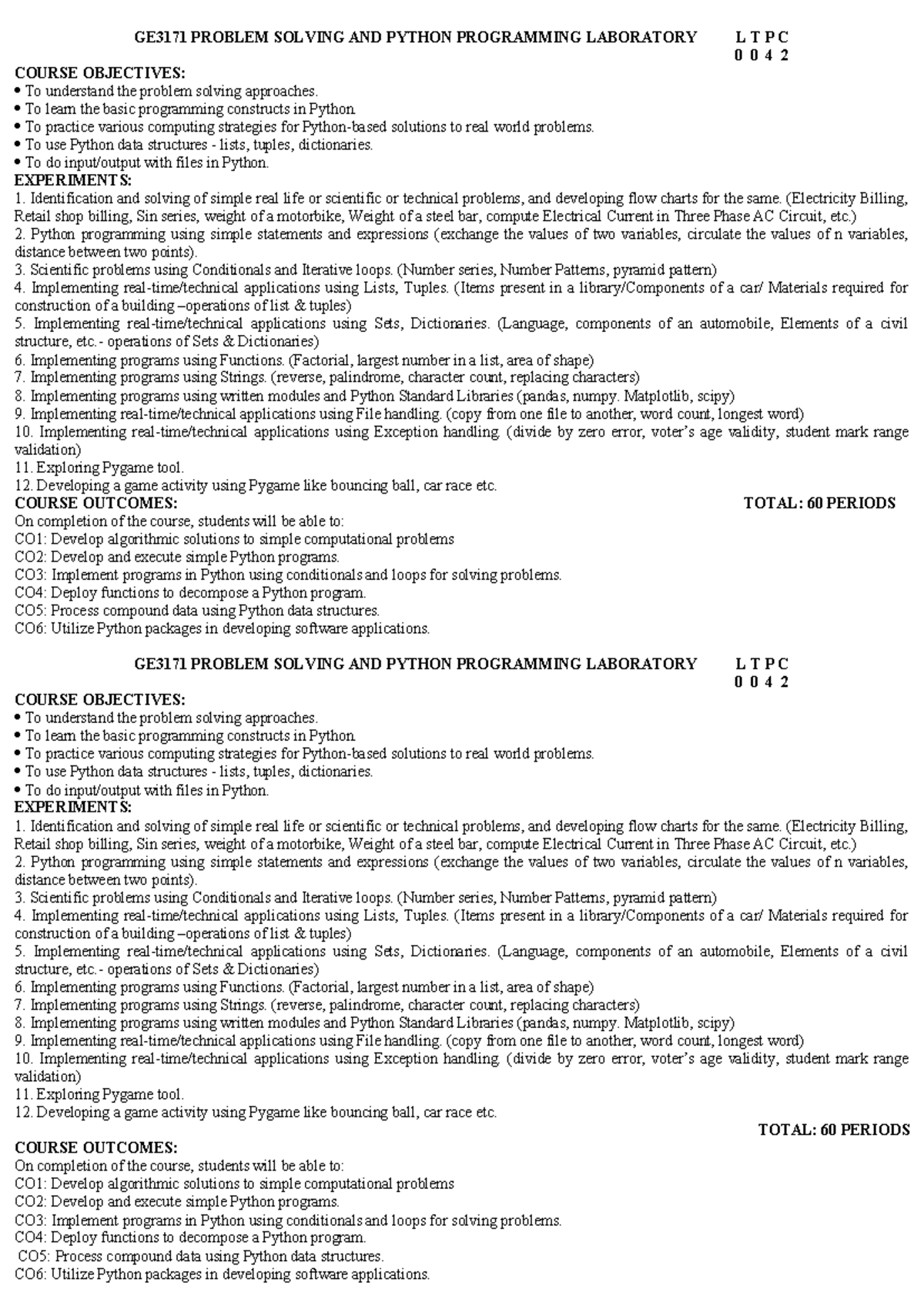 GE3171 Problem Solving & Python Programming Lab Syllabus Review - Studocu