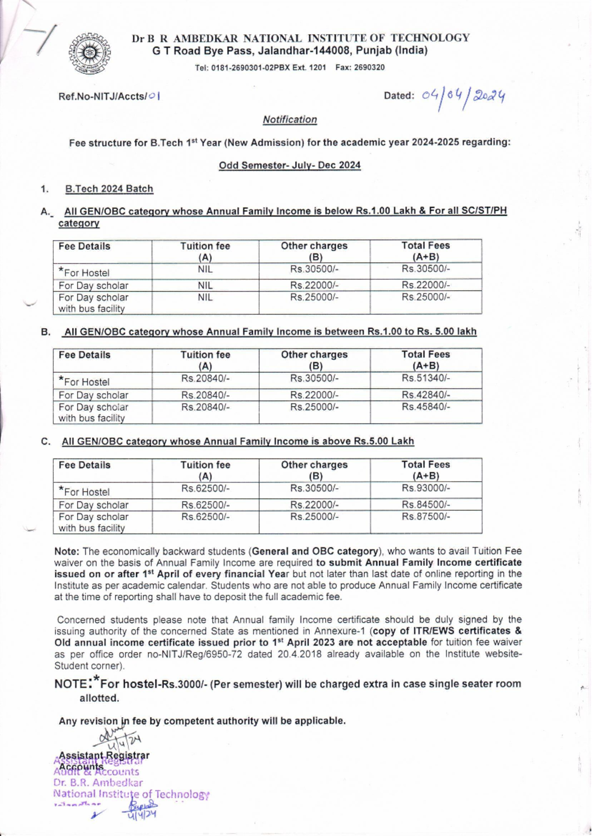 B.Tech 1st Year Fee Structure Notification for AY 2024-2025 - Studocu