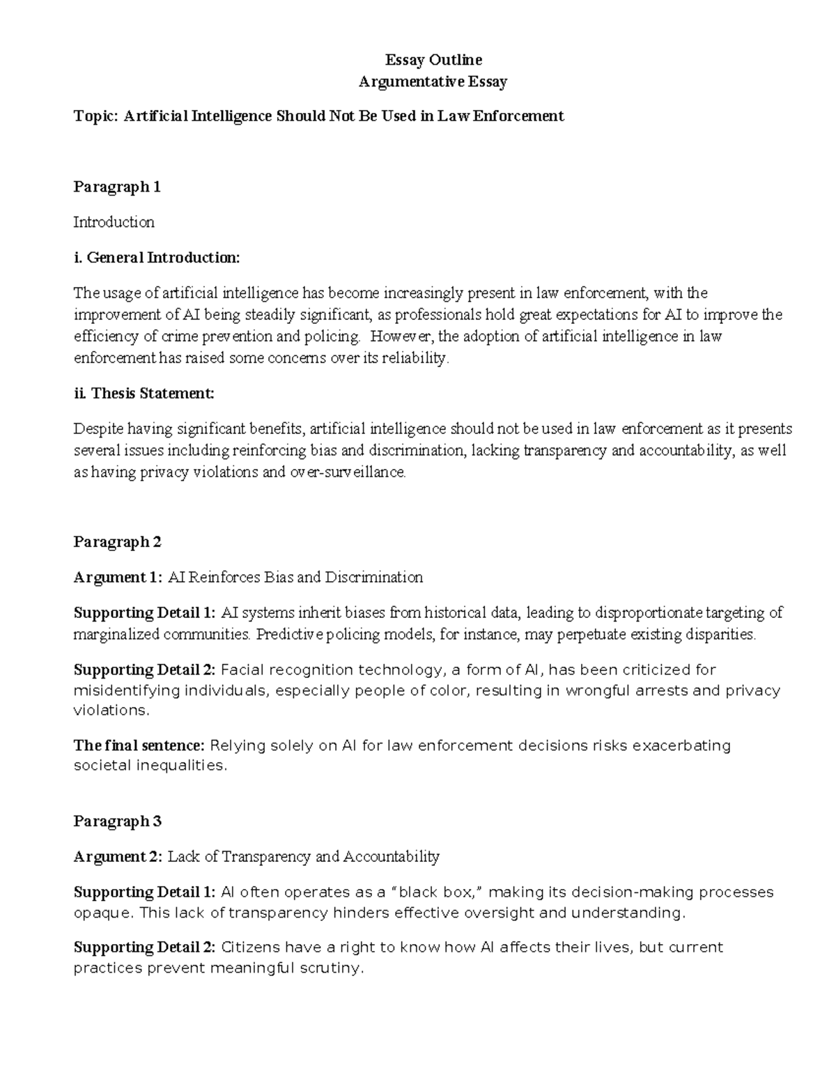 Essay Outline: Argumentative Essay on AI in Law Enforcement - Studocu
