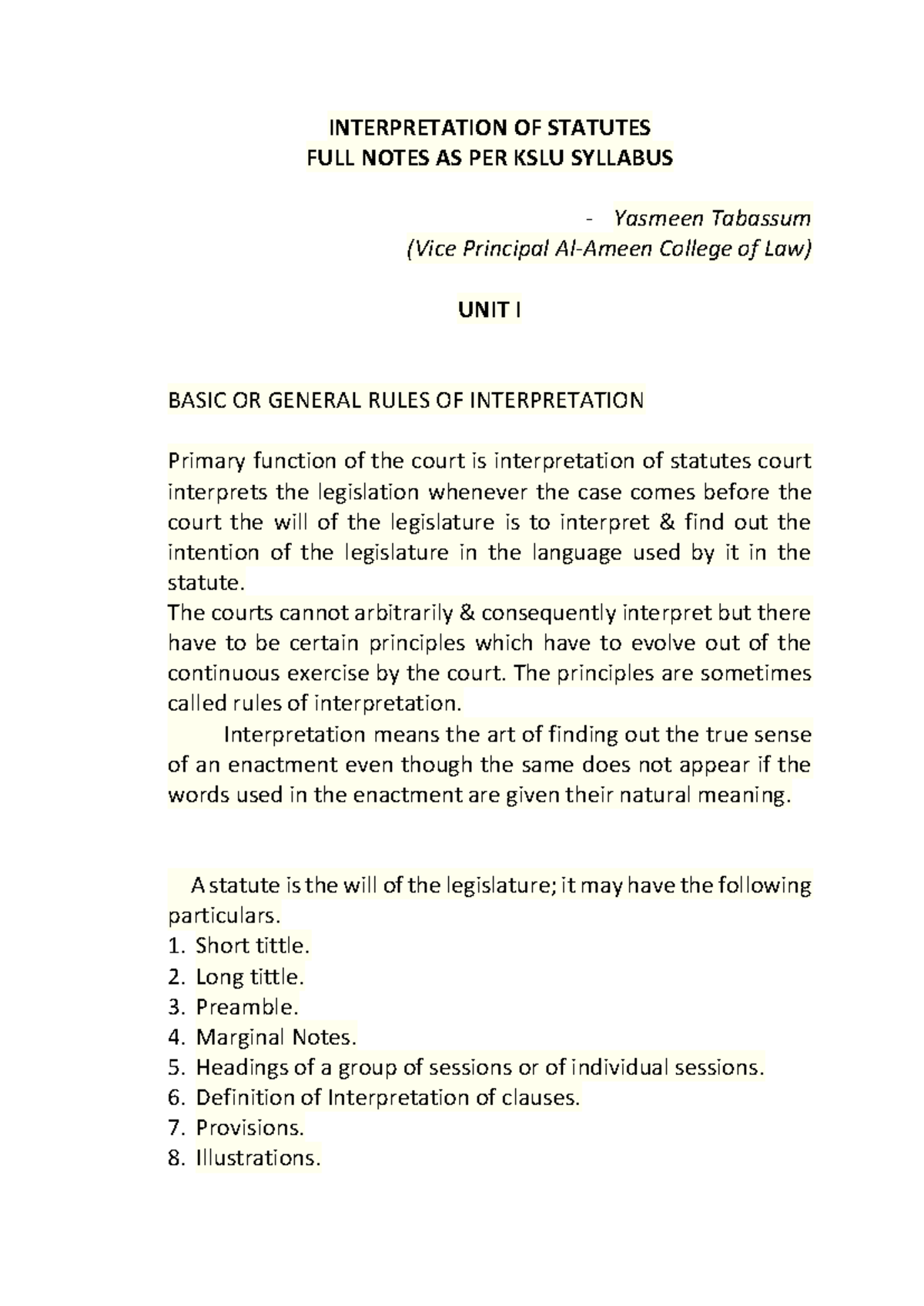 KSLU 2023: Comprehensive Notes on Interpretation of Statutes - Studocu