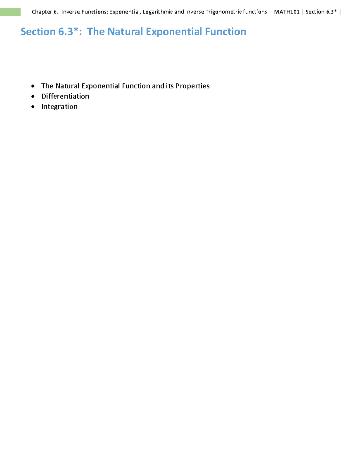 MATH101 Chapter 6: Inverse Functions & The Natural Exponential Function ...