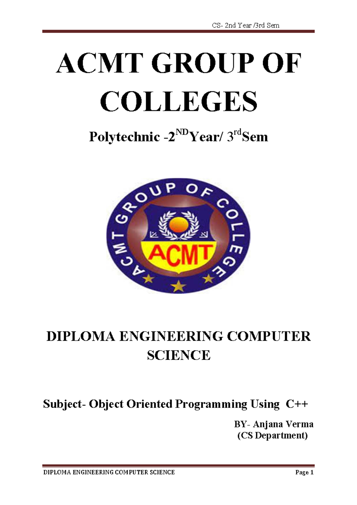 Object Oriented Programming Using C++ Notes (DIPLOMA ENG CS) - Studocu