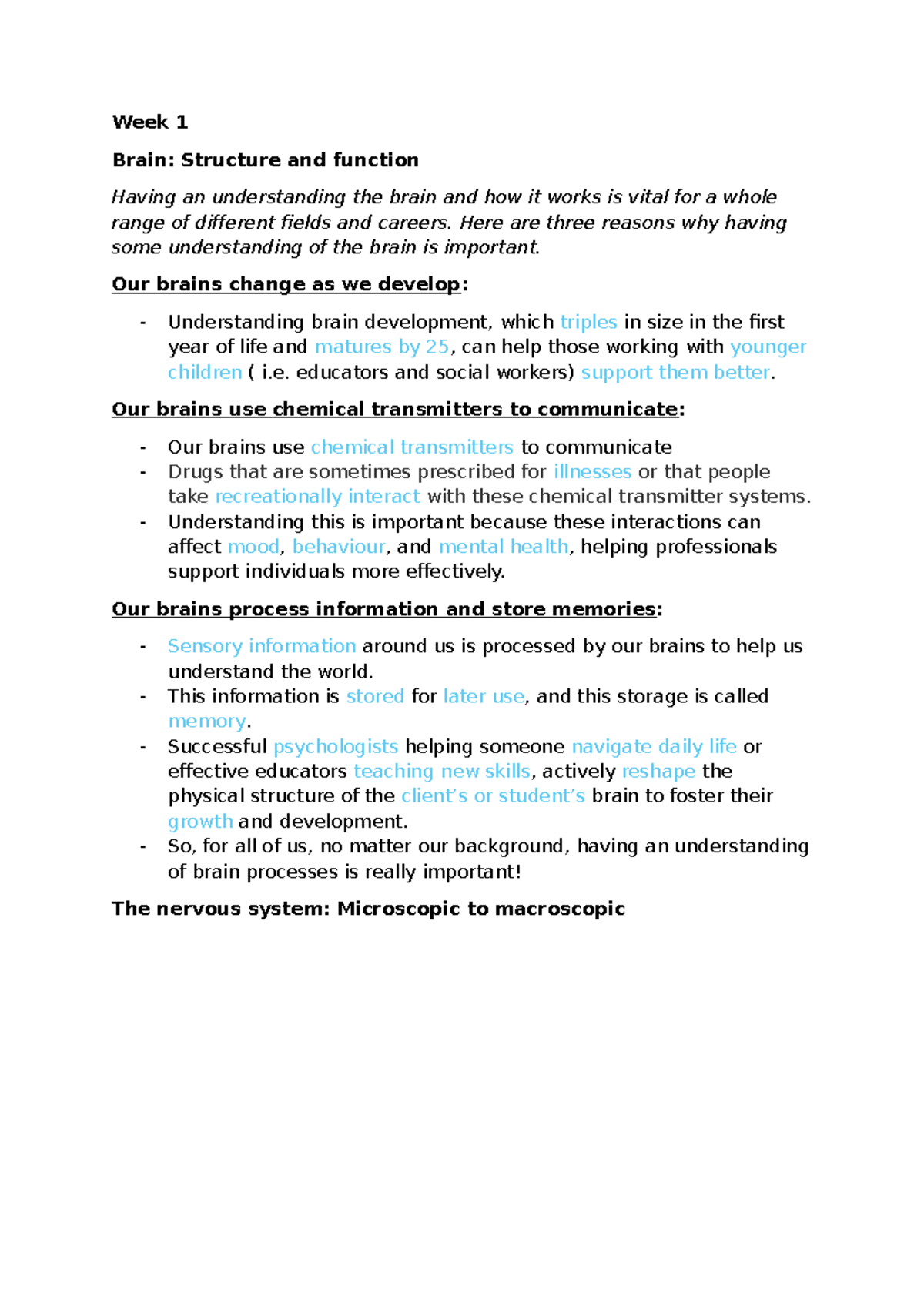 Week 1 Lecture Notes: Brain Structure & Function Overview - Studocu