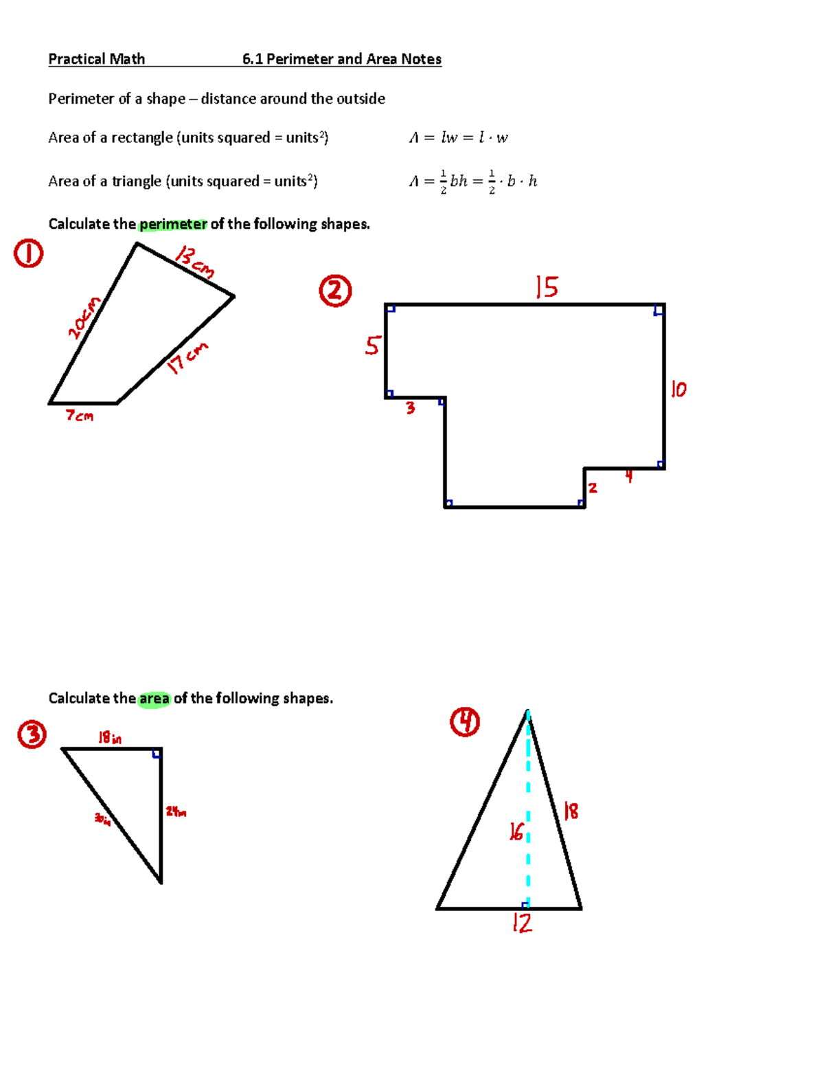 Practical Math 6.1: Perimeter & Area Study Notes - Studocu