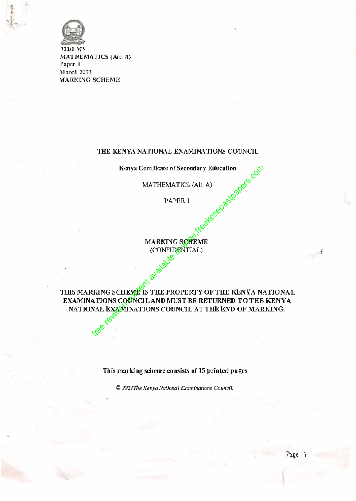 2021 KCSE Mathematics (Alt. A) Paper 1 Marking Scheme and Guide - Studocu