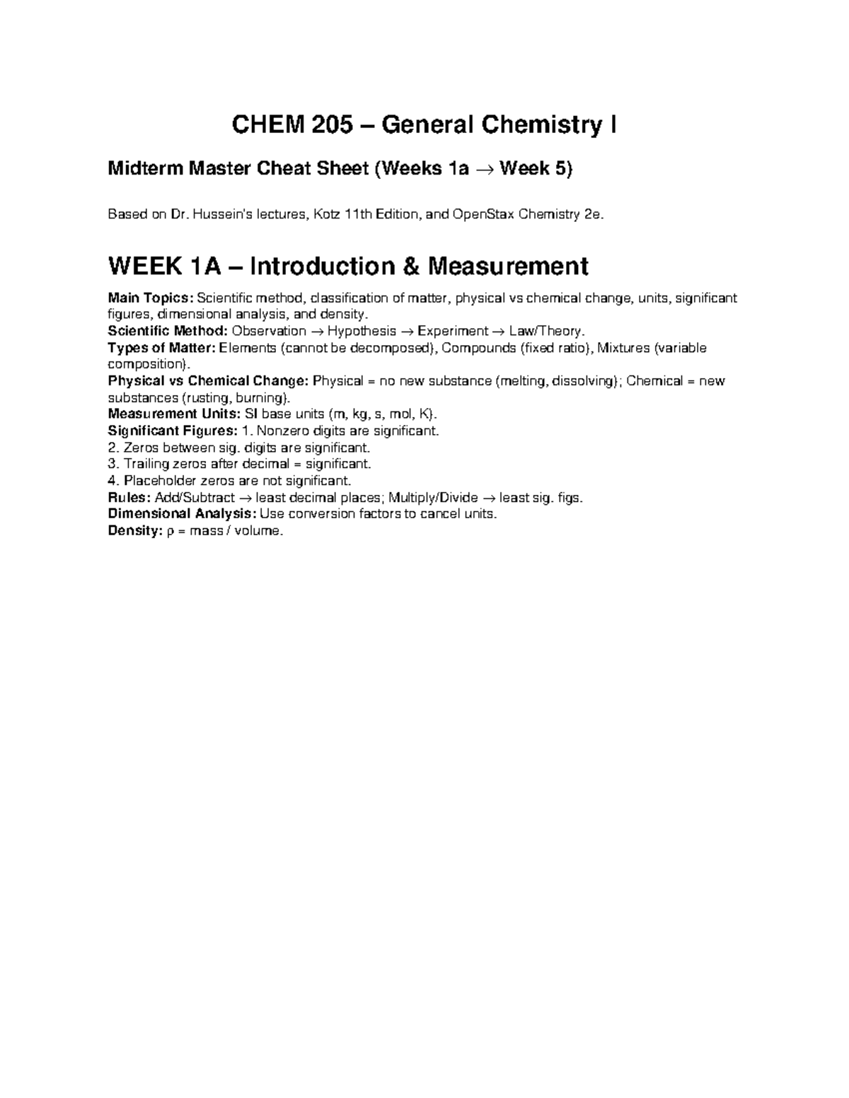 CHEM 205 General Chemistry I Midterm Cheat Sheet (Weeks 1A-5) - Studocu